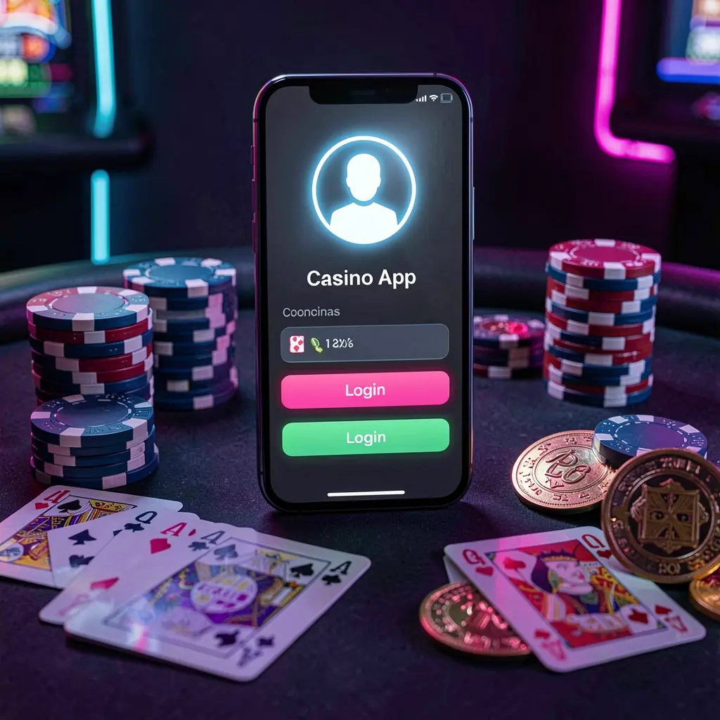 KTV69 casino app login scene on smartphone with glowing user profile icon, surrounded by chips, cards, and coins against an elegant dark background with neon highlights