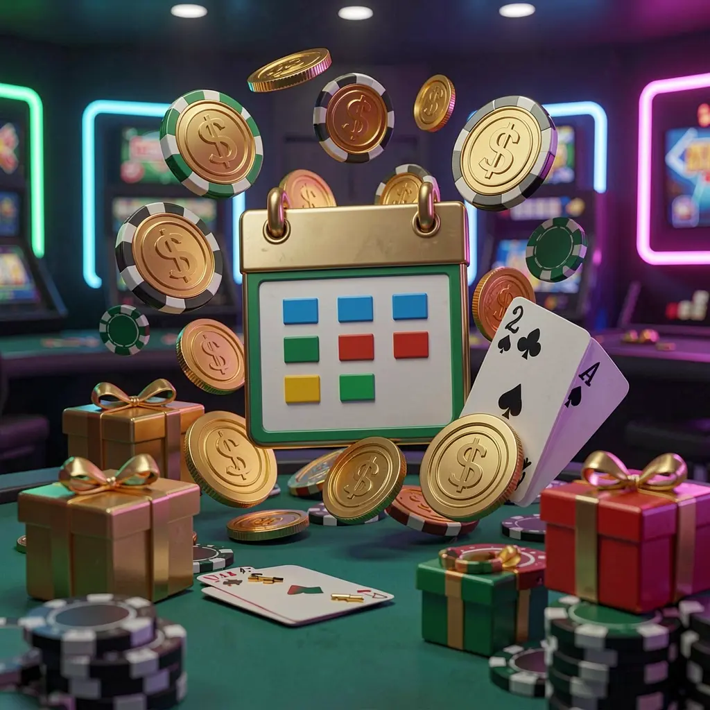 KTV69 weekly online casino bonus concept featuring a calendar icon surrounded by golden coins, gift boxes, poker chips, and playing cards in a festive casino atmosphere with neon lights on a dark modern background