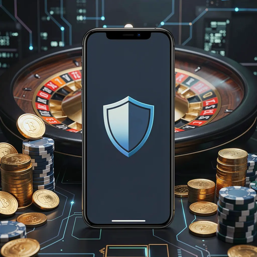 KTV69 secure mobile casino login screen showing a phone with a shield icon, roulette wheel, poker chips, and golden coins in a dark cyber luxury atmosphere
