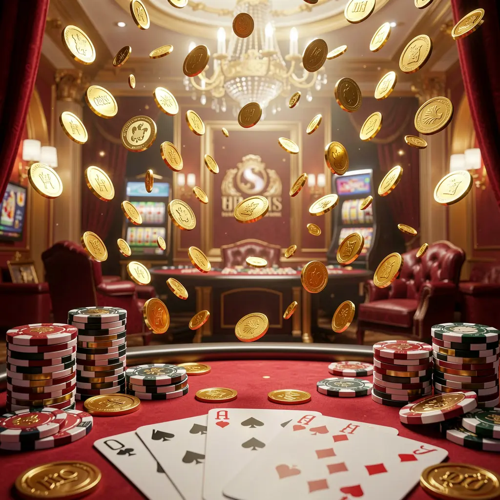 KTV69 online gaming platform homepage banner featuring bright casino lights, golden coins raining, poker chips and playing cards in the foreground with a luxury red and gold atmosphere in a high detail 3D render
